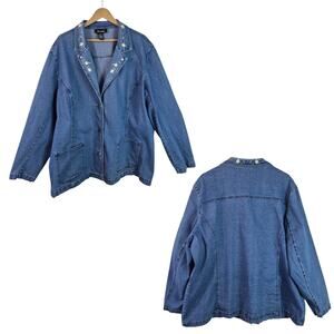 Denim & Co Blue Denim Floral Embroidered Vintage Jacket Blazer Coat 3 X